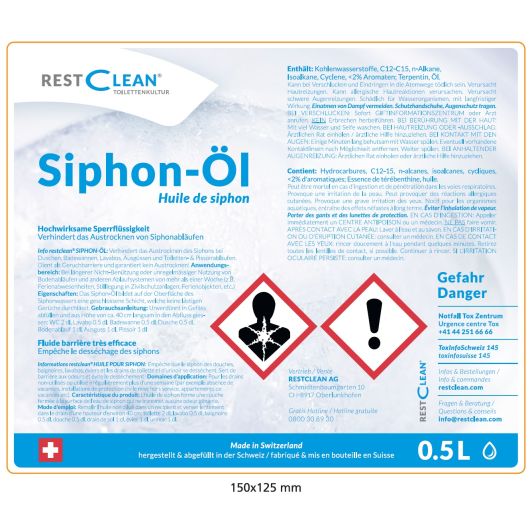 Siphon-Öl in der Flasche (0.5 Liter) als hochwirksame Sperrflüssigkeit für Ablaufsysteme - RESTCLEAN